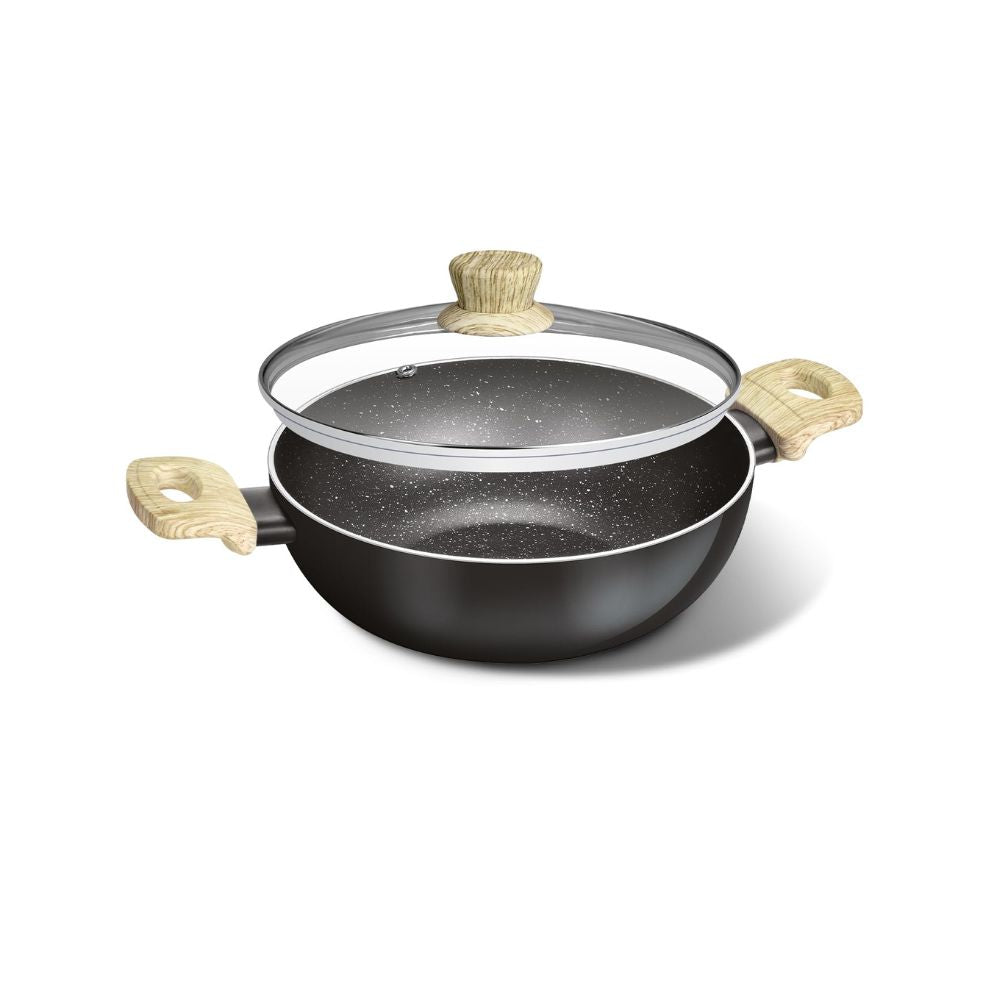 Bergner Bellini Aura Non Stick Kadai with Glass Lid | Gas & Induction Compatible | Black