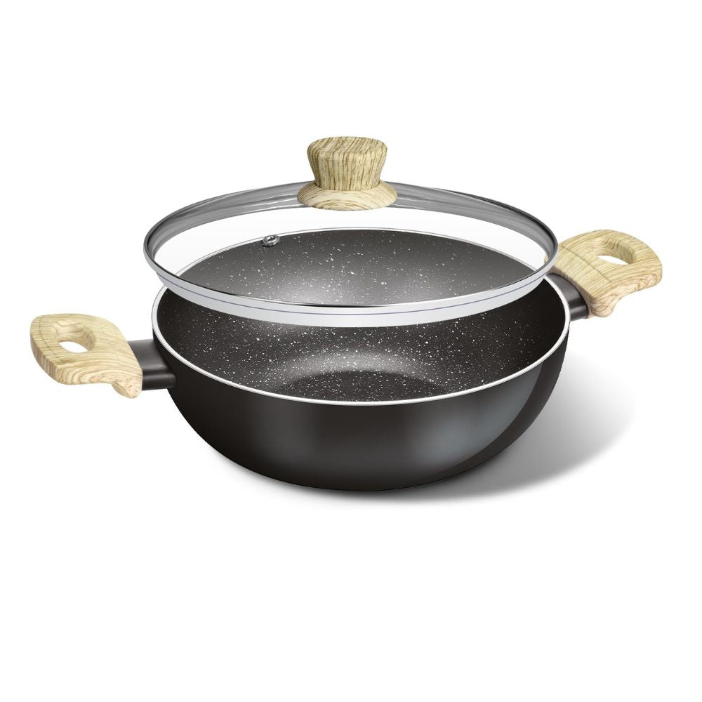 Bergner Bellini Aura Non Stick Kadai with Glass Lid | Gas & Induction Compatible | Black