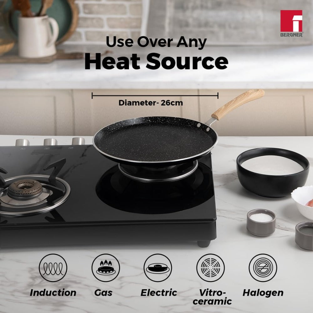 Bergner Bellini Aura Non Stick Tawa | Gas & Induction Compatible | Black