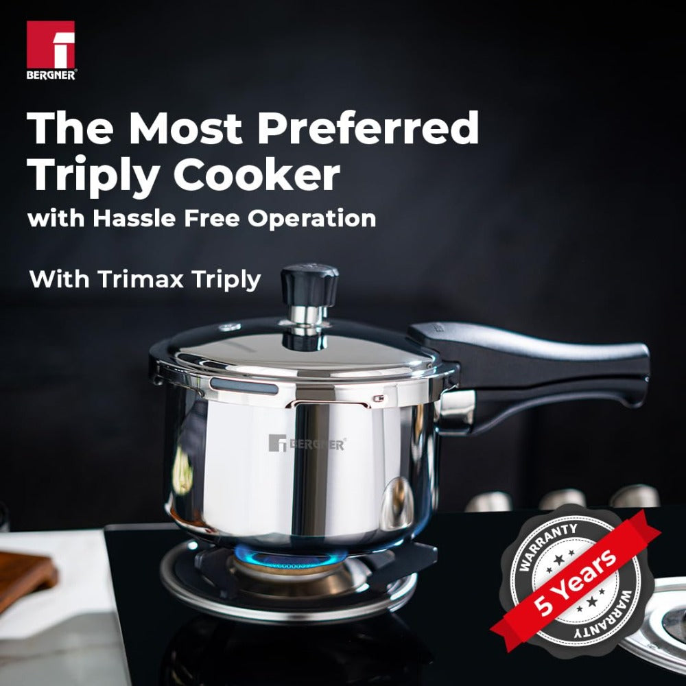 Bergner Trimax Tri-Ply Stainless Steel Pressure Cooker with outer Lid | Gas & Induction Compatible | Silver