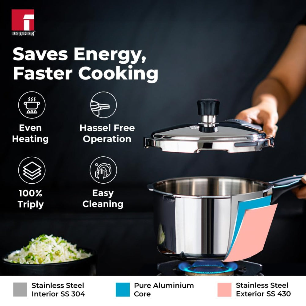 Bergner Trimax Tri-Ply Stainless Steel Pressure Cooker with outer Lid | Gas & Induction Compatible | Silver