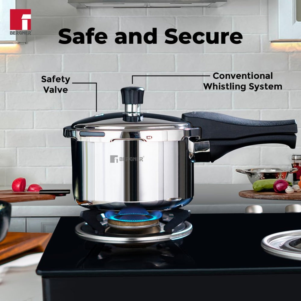 Bergner Trimax Tri-Ply Stainless Steel Pressure Cooker with outer Lid | Gas & Induction Compatible | Silver