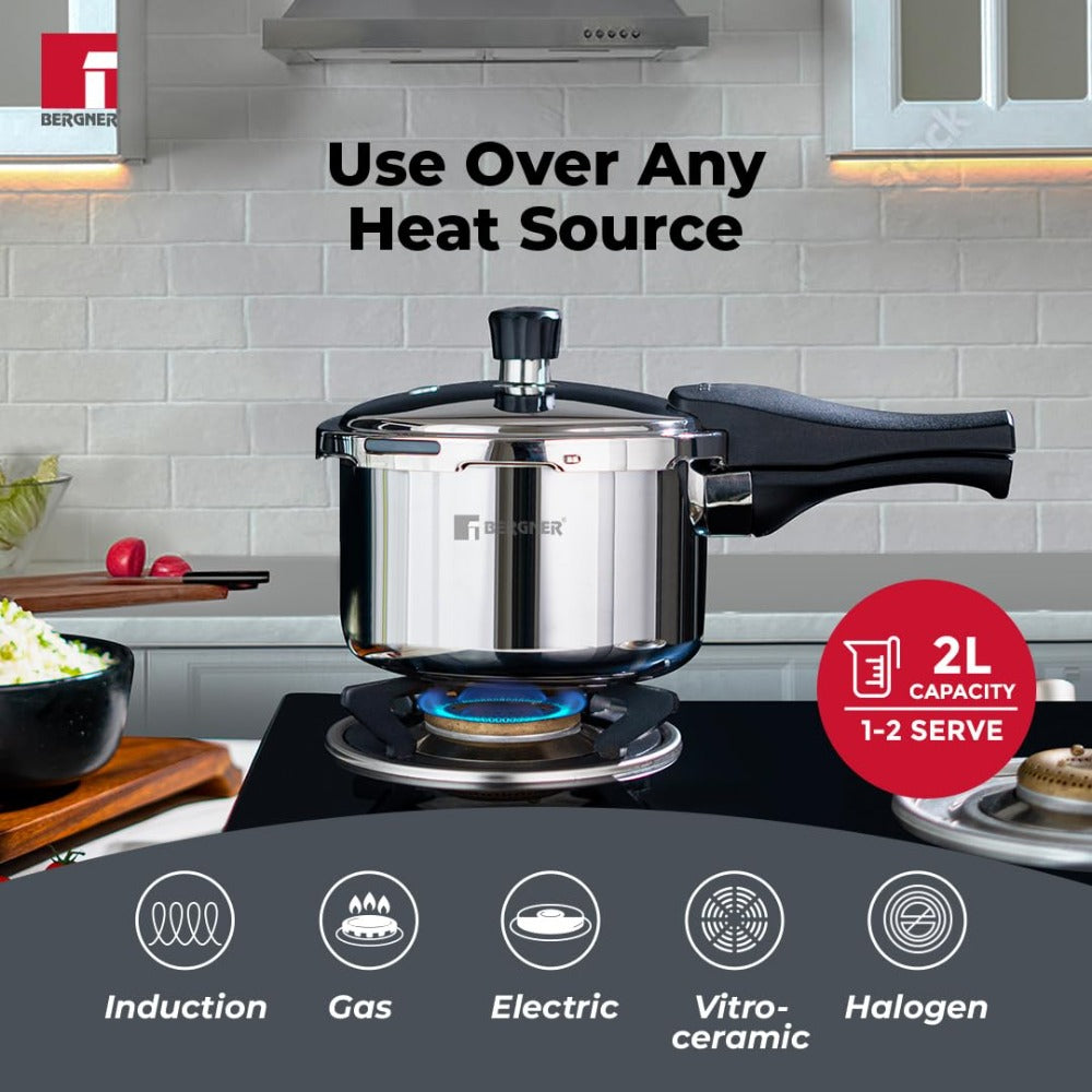 Bergner Trimax Tri-Ply Stainless Steel Pressure Cooker with outer Lid | Gas & Induction Compatible | Silver