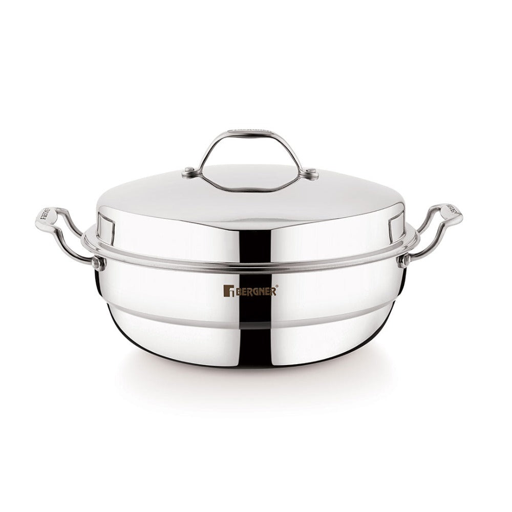 Bergner Argent Tri-Ply Multi Kadai with Lid and 6 Plates | Gas & Induction Compatible | Idli, Dhokla, Patra & Appam Plate