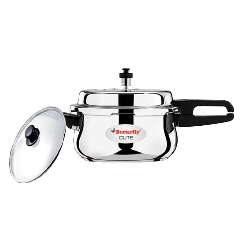 Butterfly Stainless Steel Cute Pressure Cooker with Glass Lid | Induction Compatible | Silver