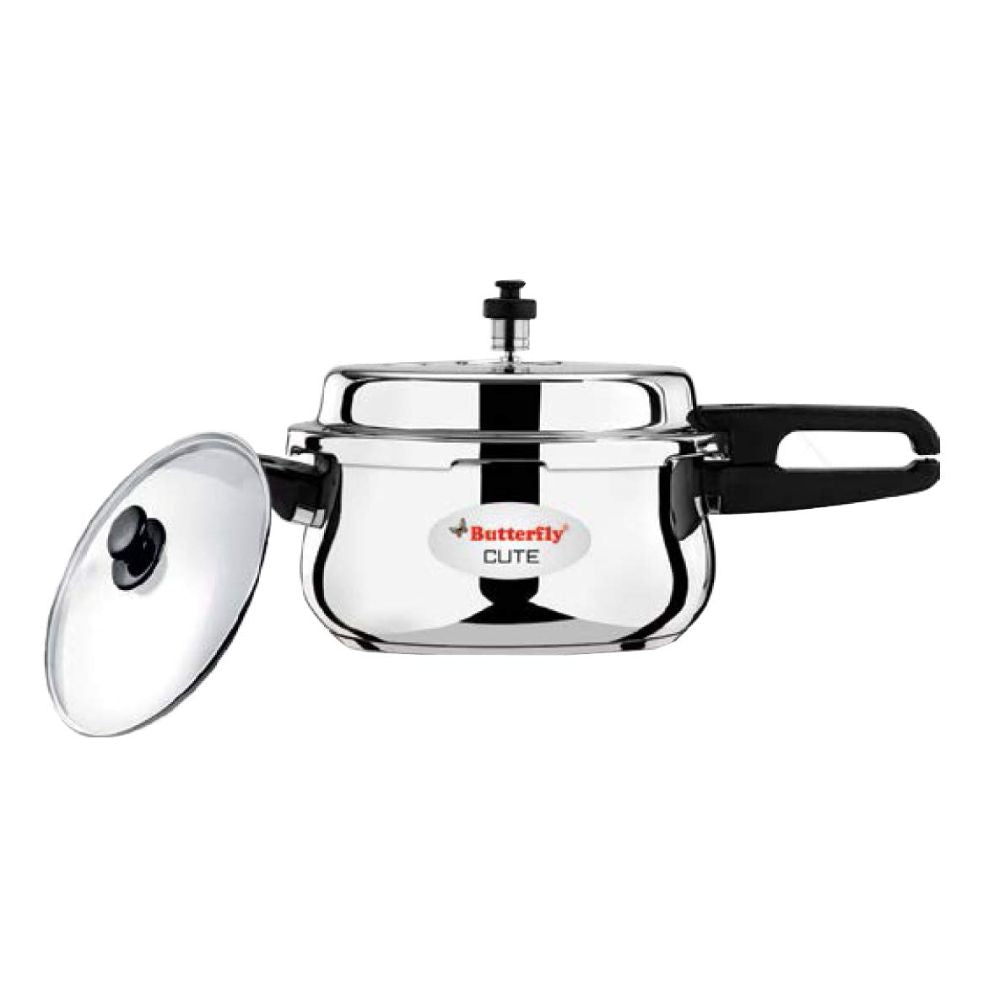 Butterfly Stainless Steel Cute Pressure Cooker with Glass Lid | Induction Compatible | Silver