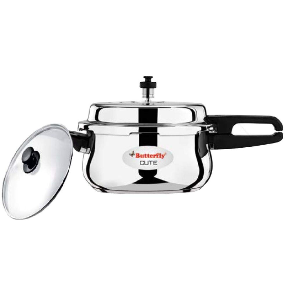 Butterfly Stainless Steel Cute Pressure Cooker with Glass Lid | Induction Compatible | Silver