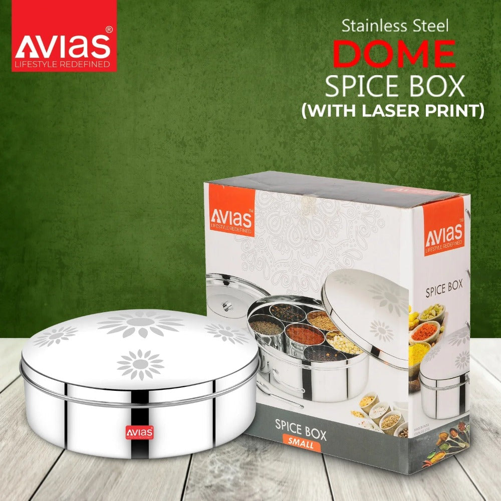 AVIAS Dome Stainless Steel Spice Box | 7 Compartments and 1 Spoon | Silver