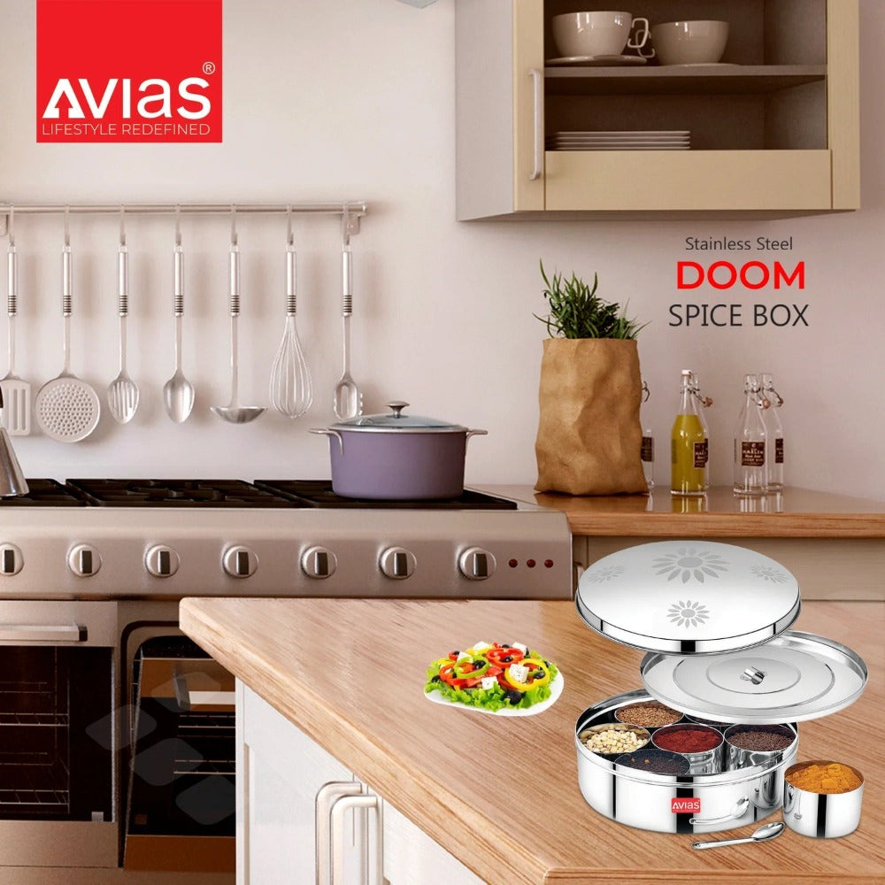 AVIAS Dome Stainless Steel Spice Box | 7 Compartments and 1 Spoon | Silver