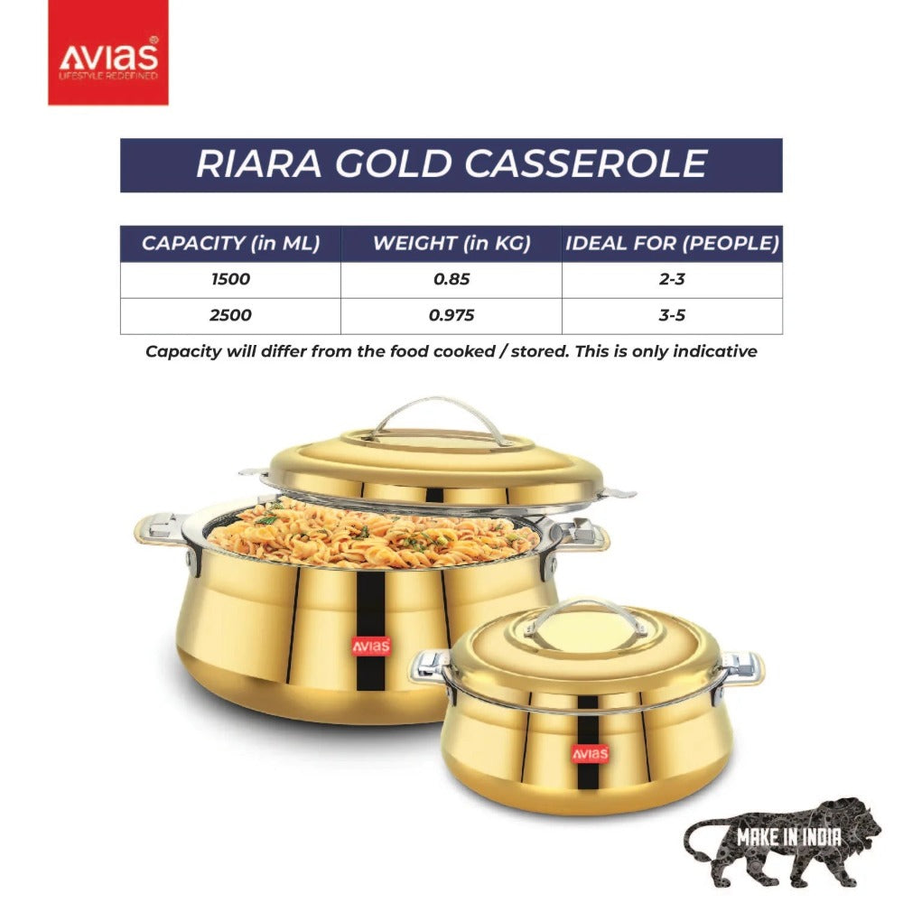 Avias Riara Premium Stainless Steel Casserole | Golden | 1 Pc