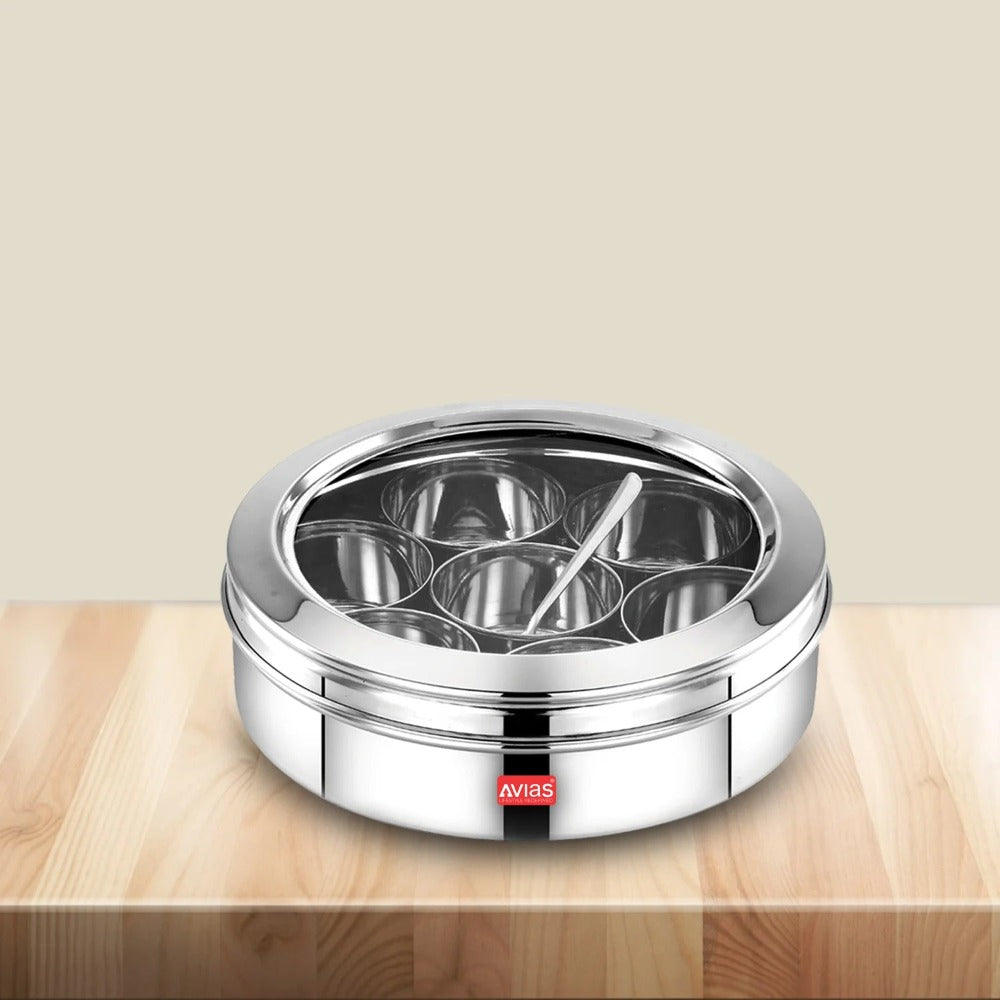 Avias Stainless Steel Elegant Spice Box with See-Through Lid | 7 Compartments and 1 Spoon | Silver