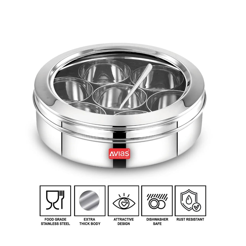 Avias Stainless Steel Elegant Spice Box with See-Through Lid | 7 Compartments and 1 Spoon | Silver