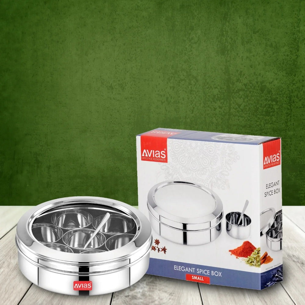 Avias Stainless Steel Elegant Spice Box with See-Through Lid | 7 Compartments and 1 Spoon | Silver
