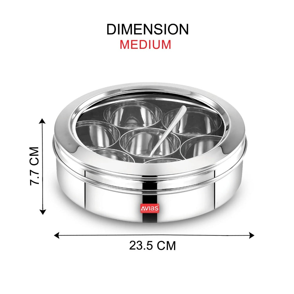 Avias Stainless Steel Elegant Spice Box with See-Through Lid | 7 Compartments and 1 Spoon | Silver