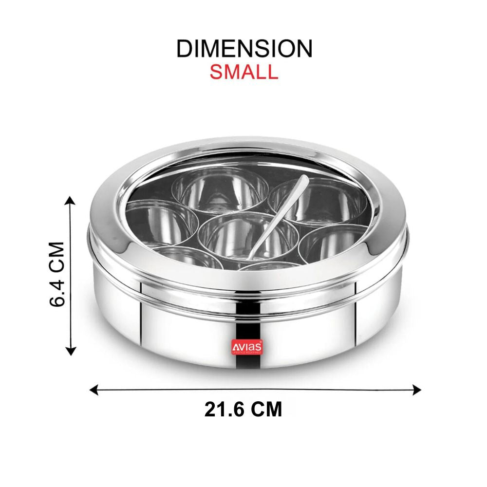 Avias Stainless Steel Elegant Spice Box with See-Through Lid | 7 Compartments and 1 Spoon | Silver