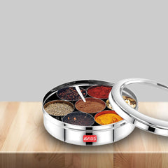 Avias Stainless Steel Elegant Spice Box with See-Through Lid | 7 Compartments and 1 Spoon | Silver