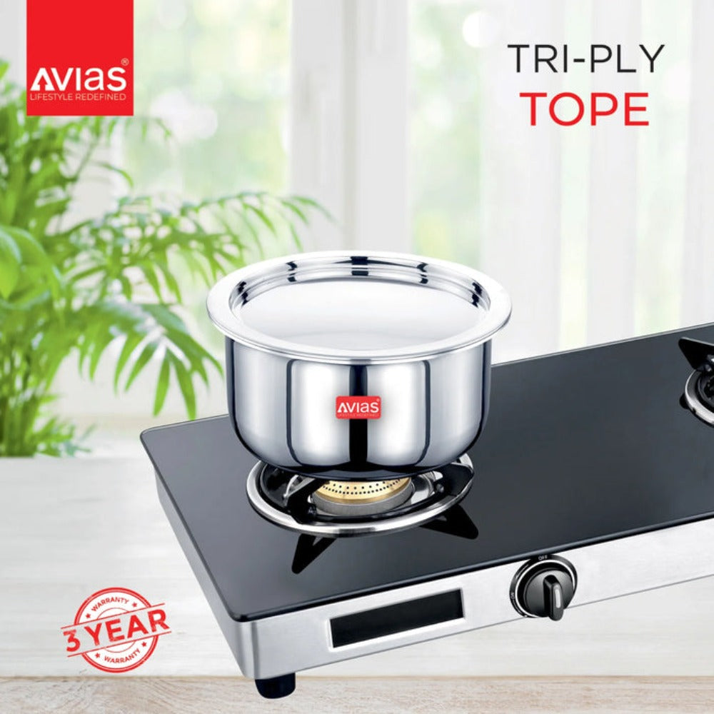 Avias Riara Premium Stainless Steel Tri-Ply Tope With Steel Lid | Gas & Induction Compatible | Silver