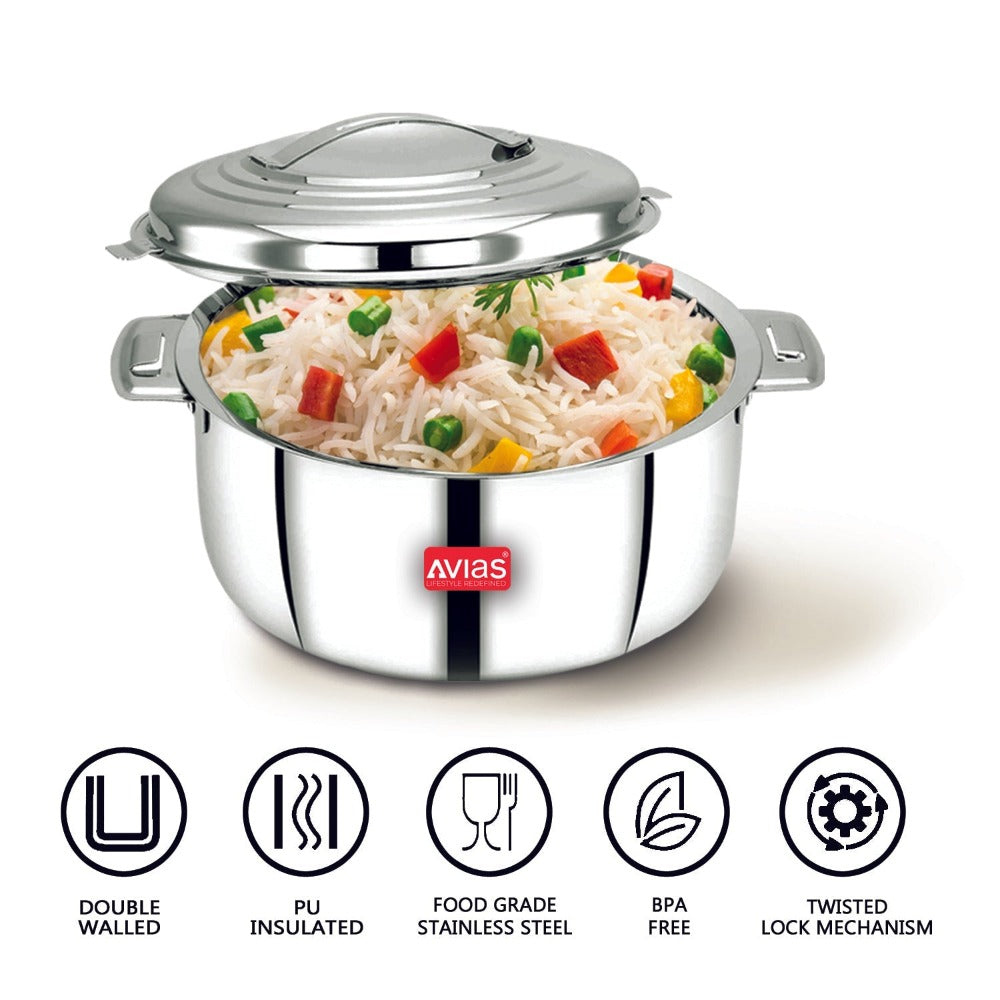 Avias Platina Premium Double Wall Insulated Stainless Steel Casserole | Silver | 1 Pc