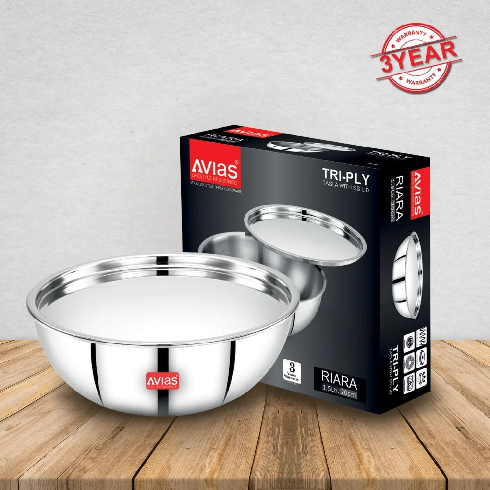 Avias Riara Tri-Ply Stainless Steel Tasla with Lid | Gas & Induction Compatible | Silver