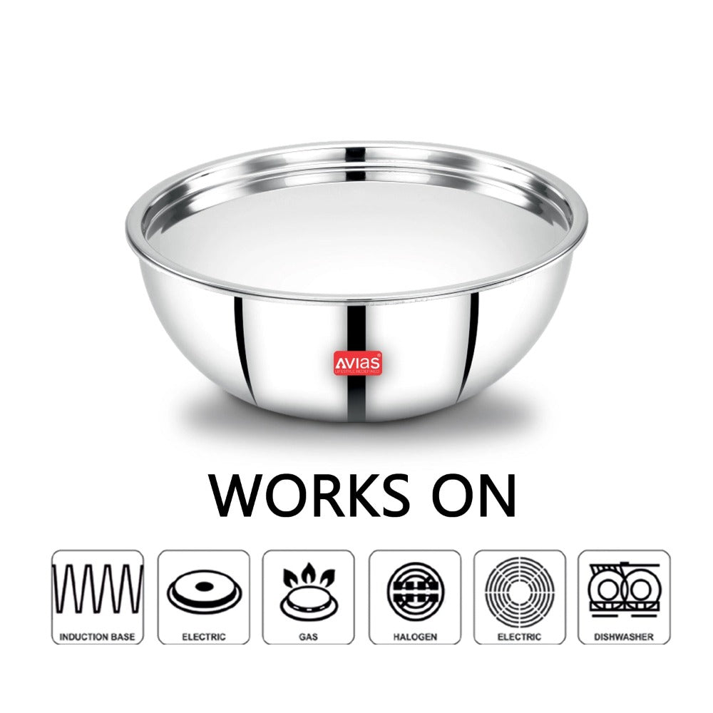 Avias Riara Tri-Ply Stainless Steel Tasla with Lid | Gas & Induction Compatible | Silver