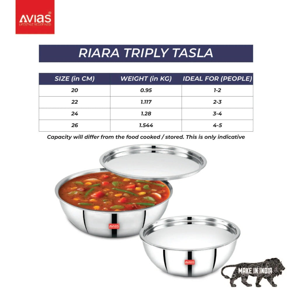 Avias Riara Tri-Ply Stainless Steel Tasla with Lid | Gas & Induction Compatible | Silver