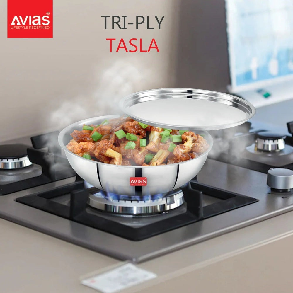 Avias Riara Tri-Ply Stainless Steel Tasla with Lid | Gas & Induction Compatible | Silver