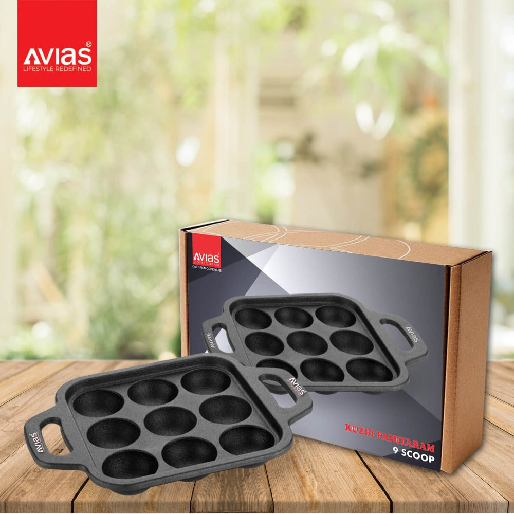Avias Cast Iron Cavity Kuzhi Paniyaram Pan | 9 Cups | Black