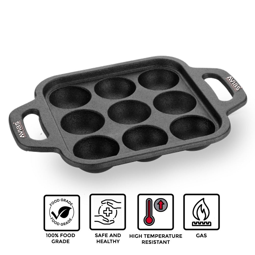 Avias Cast Iron Cavity Kuzhi Paniyaram Pan | 9 Cups | Black