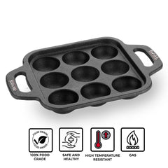 Avias Cast Iron Cavity Kuzhi Paniyaram Pan | 9 Cups | Black
