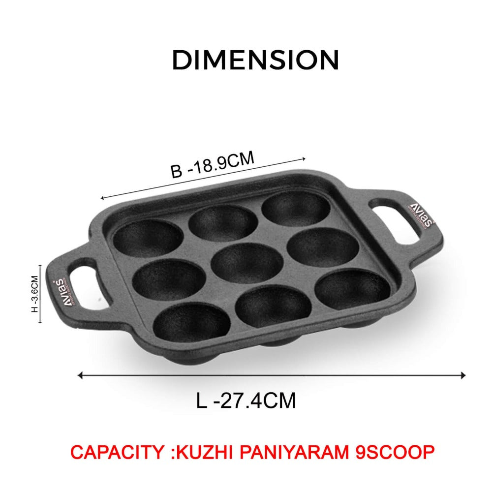 Avias Cast Iron Cavity Kuzhi Paniyaram Pan | 9 Cups | Black