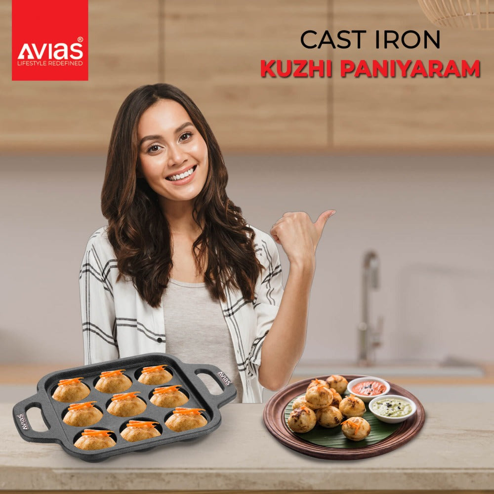 Avias Cast Iron Cavity Kuzhi Paniyaram Pan | 9 Cups | Black