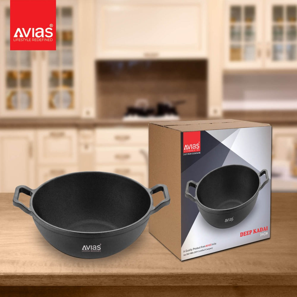 Avias Cast Iron Deep Kadhai | Gas & Induction Compatible | Black