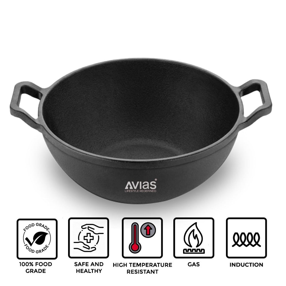 Avias Cast Iron Deep Kadhai | Gas & Induction Compatible | Black