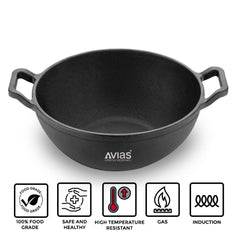 Avias Cast Iron Deep Kadhai | Gas & Induction Compatible | Black