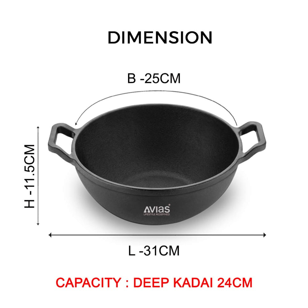 Avias Cast Iron Deep Kadhai | Gas & Induction Compatible | Black