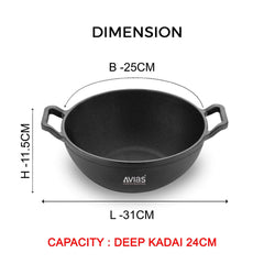Avias Cast Iron Deep Kadhai | Gas & Induction Compatible | Black