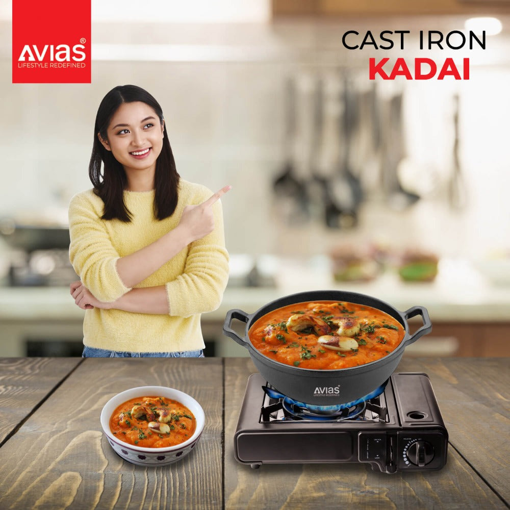 Avias Cast Iron Deep Kadhai | Gas & Induction Compatible | Black
