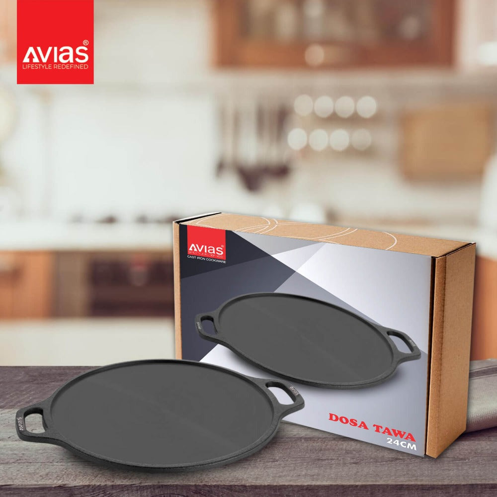 Avias Cast Iron Dosa Tawa Pan | Gas & Induction Compatible | Black