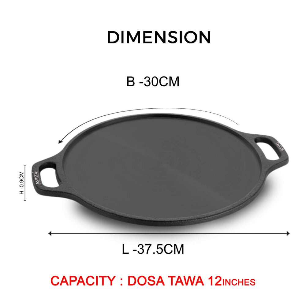 Avias Cast Iron Dosa Tawa Pan | Gas & Induction Compatible | Black
