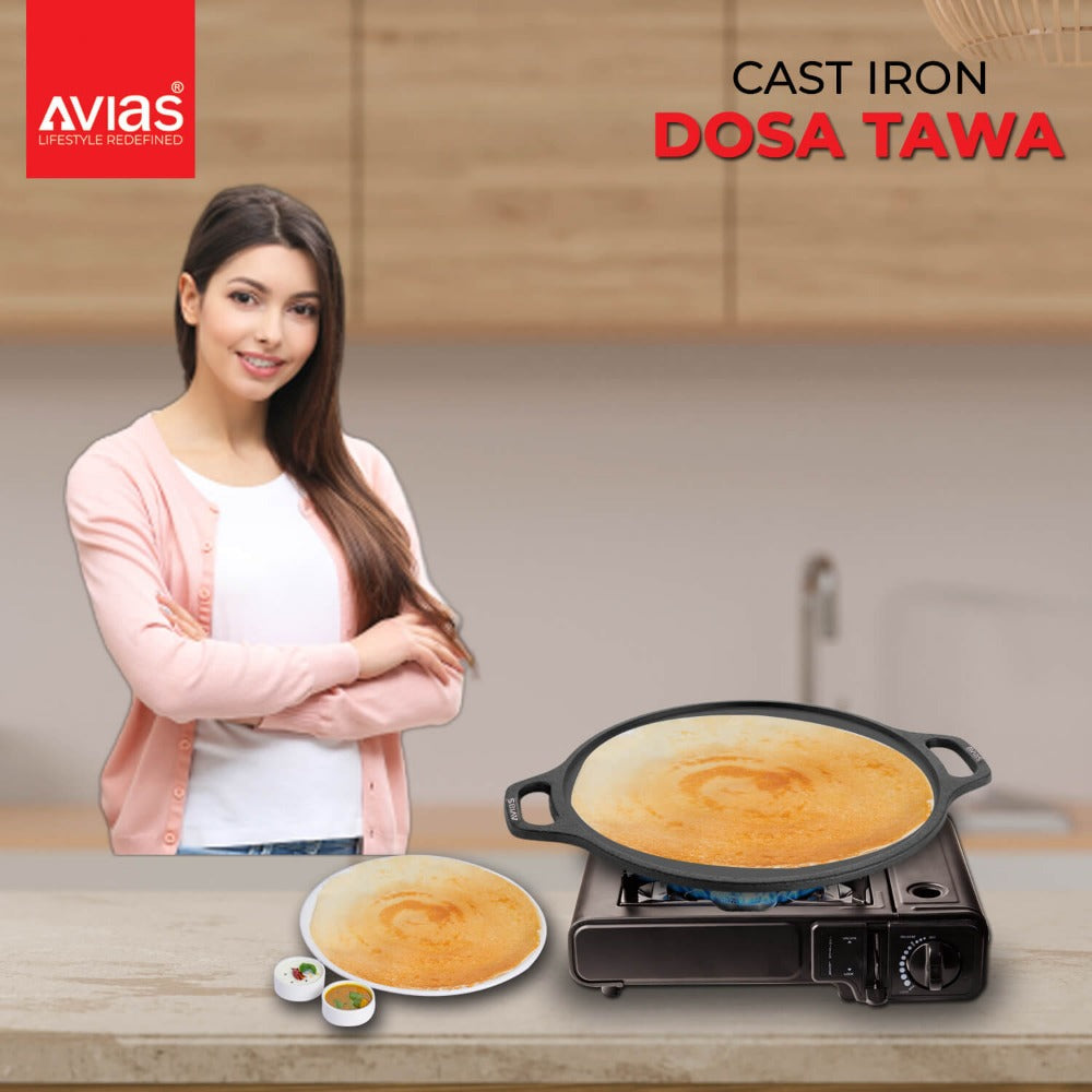 Avias Cast Iron Dosa Tawa Pan | Gas & Induction Compatible | Black