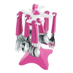 Ankur Swastic Cutlery Set | Stainless Steel & Plastic | Pink | Set of 24 Pcs