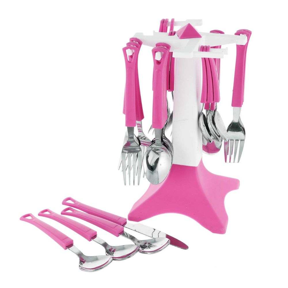 Ankur Swastic Cutlery Set | Stainless Steel & Plastic | Pink | Set of 24 Pcs