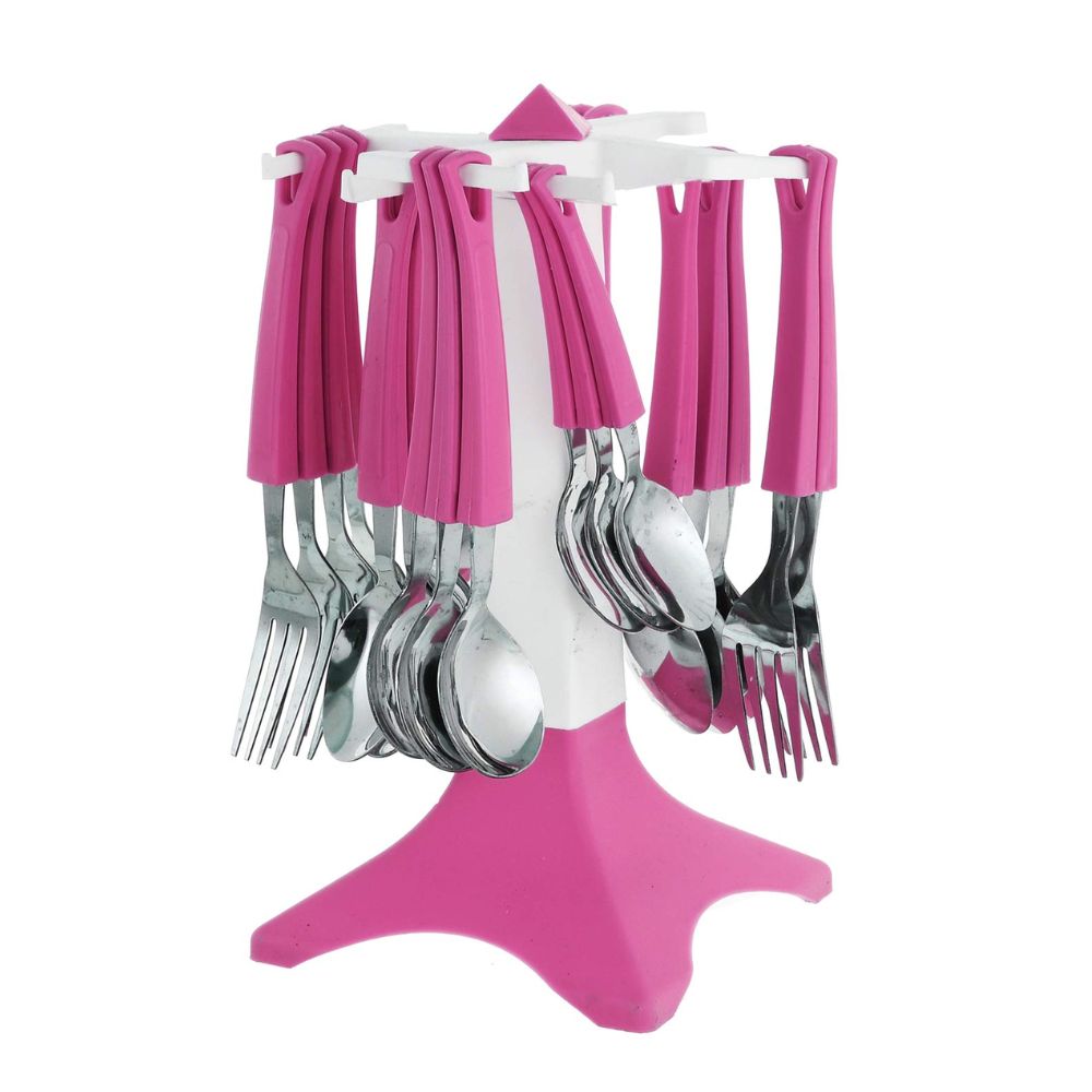 Ankur Swastic Cutlery Set | Stainless Steel & Plastic | Pink | Set of 24 Pcs