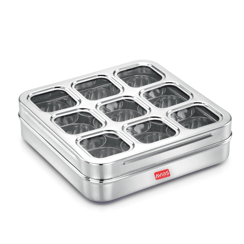 Avias Stainless Steel Spice Box with See-Through Lid | 9 Compartments and 1 Spoon | Silver