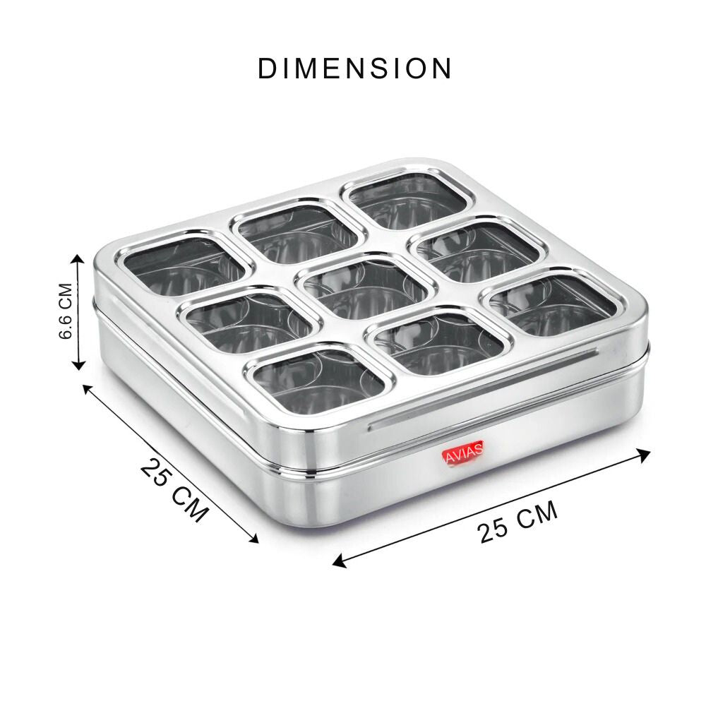 Avias Stainless Steel Spice Box with See-Through Lid | 9 Compartments and 1 Spoon | Silver