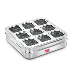 Avias Stainless Steel Spice Box with See-Through Lid | 9 Compartments and 1 Spoon | Silver