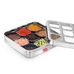 Avias Stainless Steel Spice Box with See-Through Lid | 9 Compartments and 1 Spoon | Silver