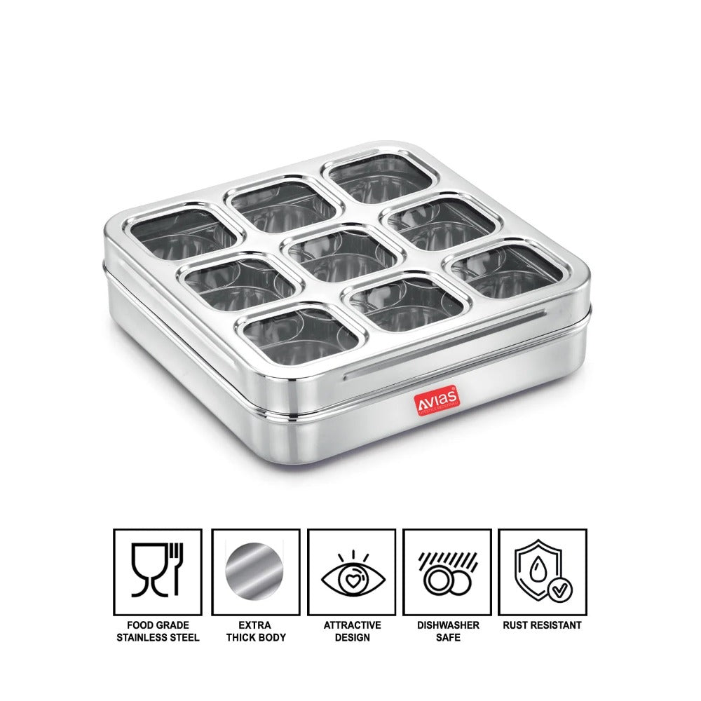 Avias Stainless Steel Spice Box with See-Through Lid | 9 Compartments and 1 Spoon | Silver