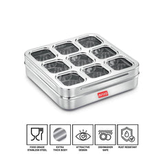 Avias Stainless Steel Spice Box with See-Through Lid | 9 Compartments and 1 Spoon | Silver