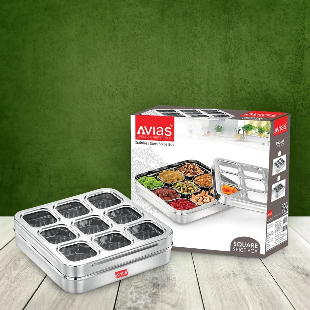 Avias Stainless Steel Spice Box with See-Through Lid | 9 Compartments and 1 Spoon | Silver
